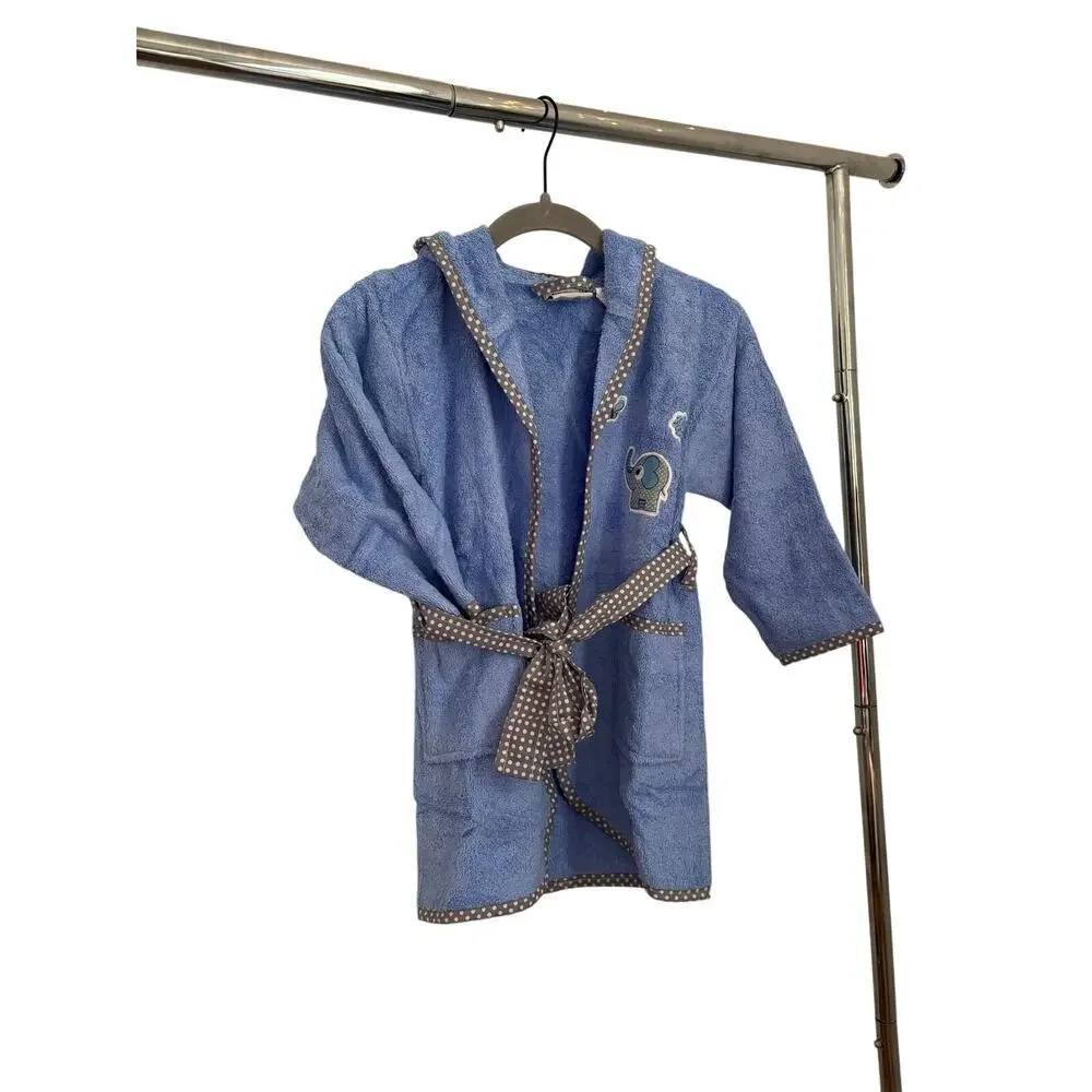 Baby Bathrobe 0-3 Months Blue Hooded Turkish Cotton Robe Elephant Embroidery